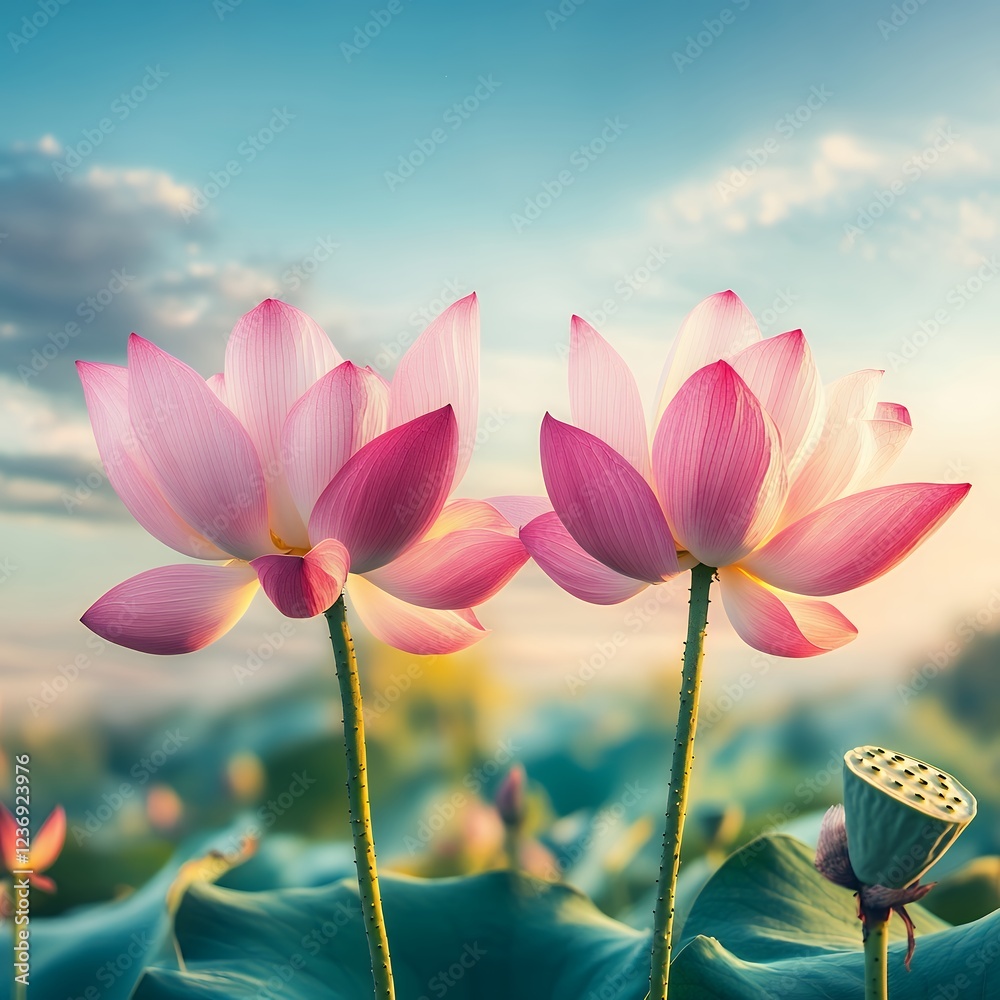Fototapeta premium Two Pink Lotus Flowers Blooming at Sunrise Serene Nature Scene