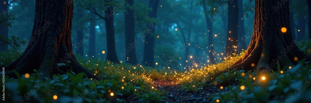 Glowing fireflies dance in unison among trees, insects, forest floor Glowing fireflies dance in unison among trees, insects, forest floor