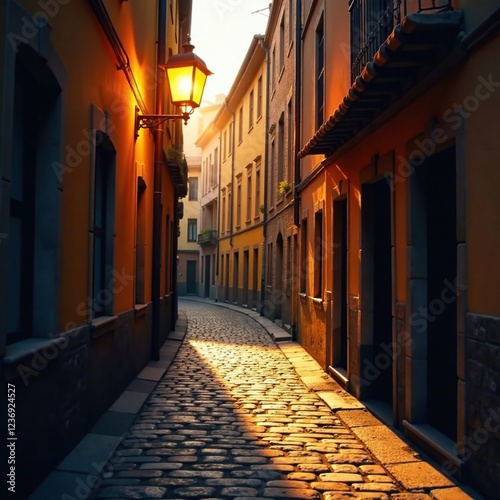 Cobblestone passageway bathed in warm golden light from the single streetlamp above, ambiance, lighting, buildings