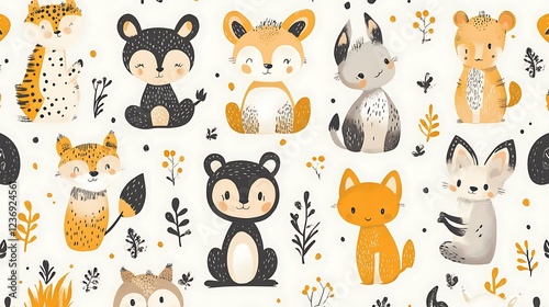 Adorable seamless pattern featuring cute cartoon animals in orange and black against a white background with floral elements.