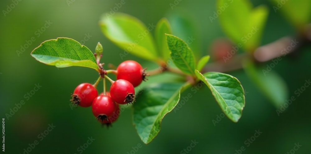 Obraz premium Small bright red berries on a green leafy branch, branches, dammeri