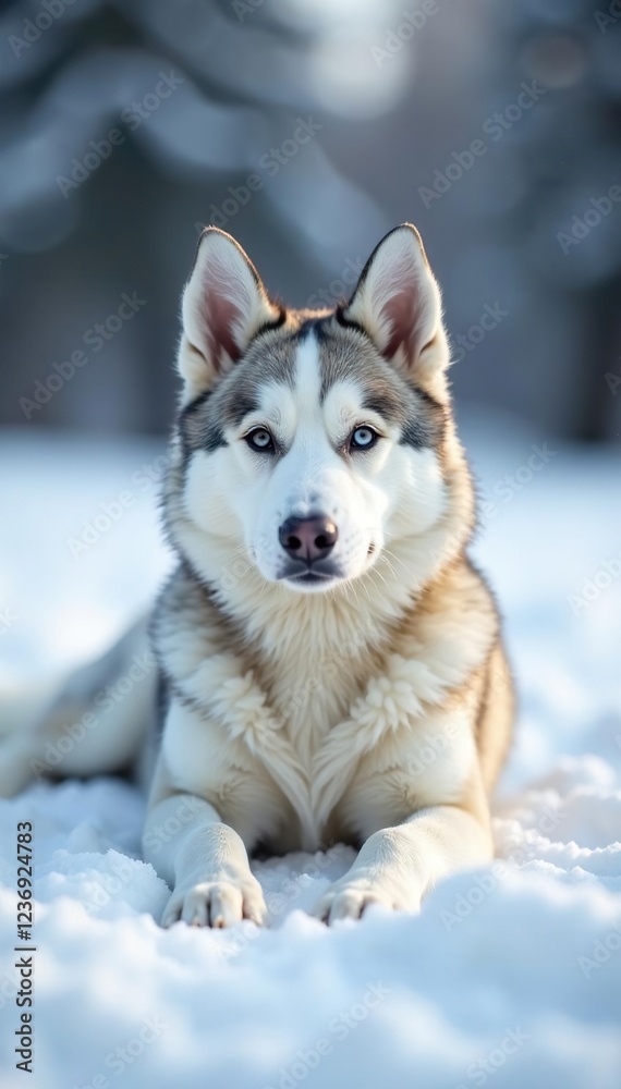 Snowy Siberian Husky lying on a blanket of fresh snow, icy, calm Snowy Siberian Husky lying on a blanket of fresh snow, icy, calm