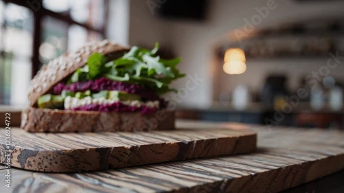 A breathtaking 4K ultra-HD stock video capturing a beautifully plated vegan sandwich with vibrant beetroot hummus spread over rustic whole-grain bread. 