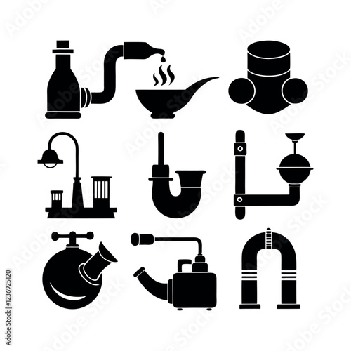 Collection of Vintage Pipes, Drainage, and Utensils Silhouettes
