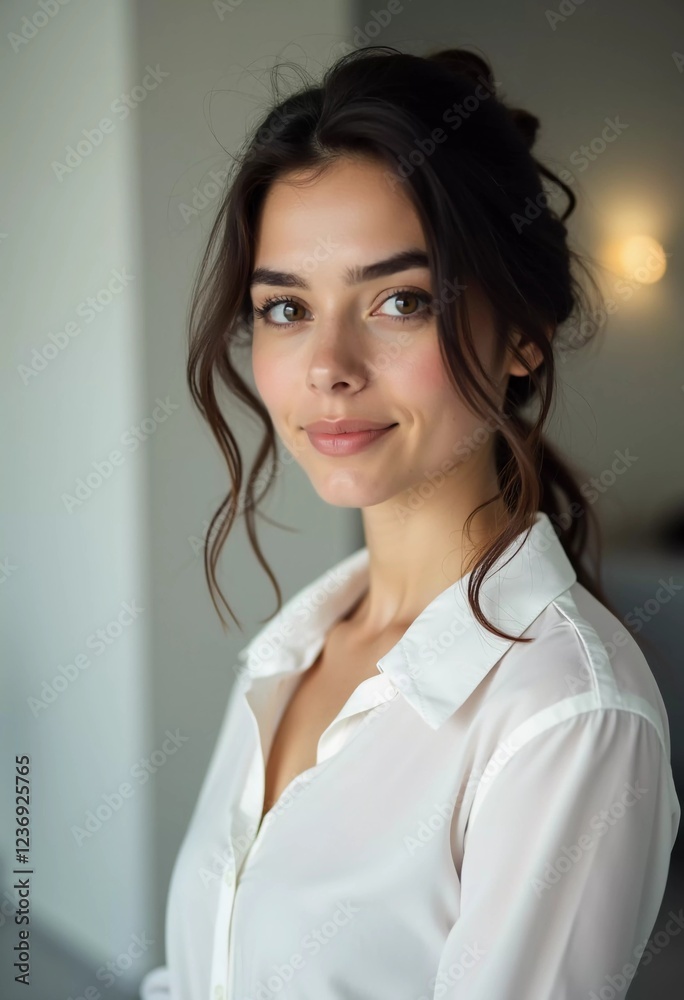 A poised beautiful woman with dark hair, wearing a white shirt, smiles warmly, standing in contemporary office setting filled with natural light, exuding confidence and professionalism. Generative AI. A poised beautiful woman with dark hair, wearing a white shirt, smiles warmly, standing in contemporary office setting filled with natural light, exuding confidence and professionalism. Generative AI.