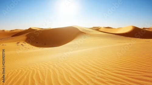 Sunny desert dunes landscape, hot sun, arid background, travel brochure