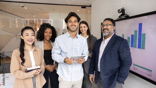Fotografie Diverse business team of cheerful happy colleagues posing for group professional