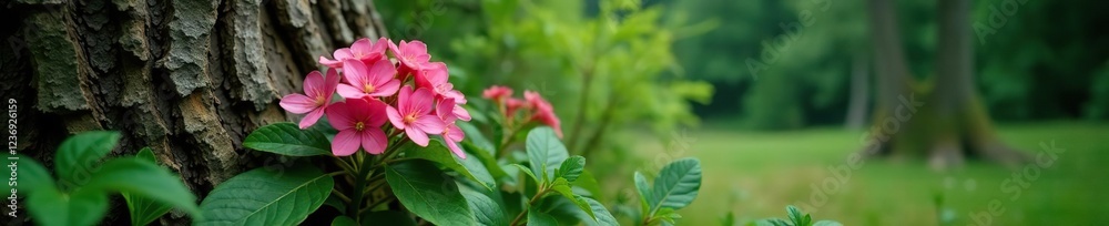 Pink flower clusters against evergreen tree bark, wilderness, nature, spruce Pink flower clusters against evergreen tree bark, wilderness, nature, spruce