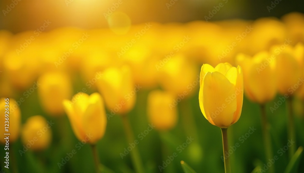 Obraz premium A bed of yellow tulips bask in the warmth and light of the sun, bloom, bright, bed