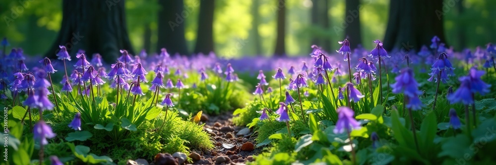 Bluebells carpet the forest floor with their delicate purple petals and green foliage, forest floor, woodland, shade Bluebells carpet the forest floor with their delicate purple petals and green foliage, forest floor, woodland, shade