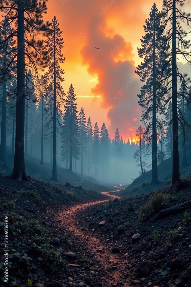 Fototapeta premium Scorched forest landscape with smoke billowing into atmosphere, smoke, devastation