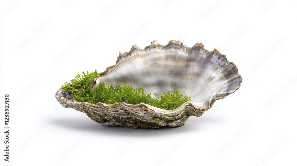 beautiful oyster shell with green moss inside, showcasing natural elegance beautiful oyster shell with green moss inside, showcasing natural elegance