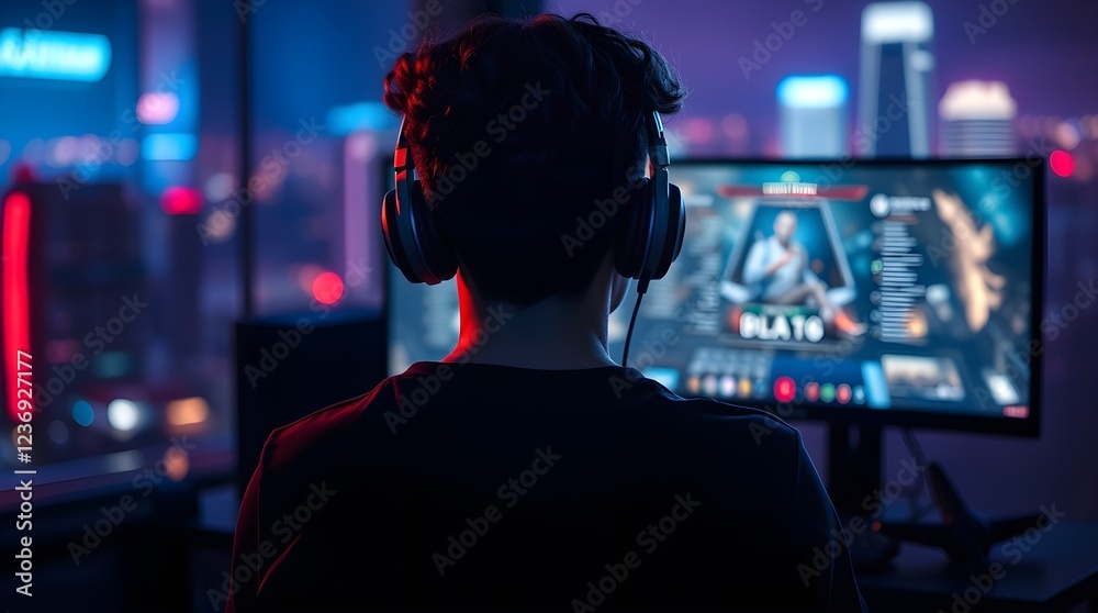 stock photo, strong moody style, strong hard light, back view Person with short curly hair, black t-shirt, large headphones, sits in dimly lit room facing computer monitor displaying video game stock photo, strong moody style, strong hard light, back view Person with short curly hair, black t-shirt, large headphones, sits in dimly lit room facing computer monitor displaying video game