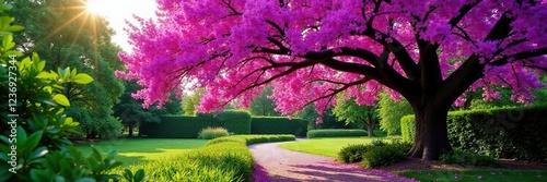 Jacaranda tree in full bloom with a garden path under it, nature, leaves photo