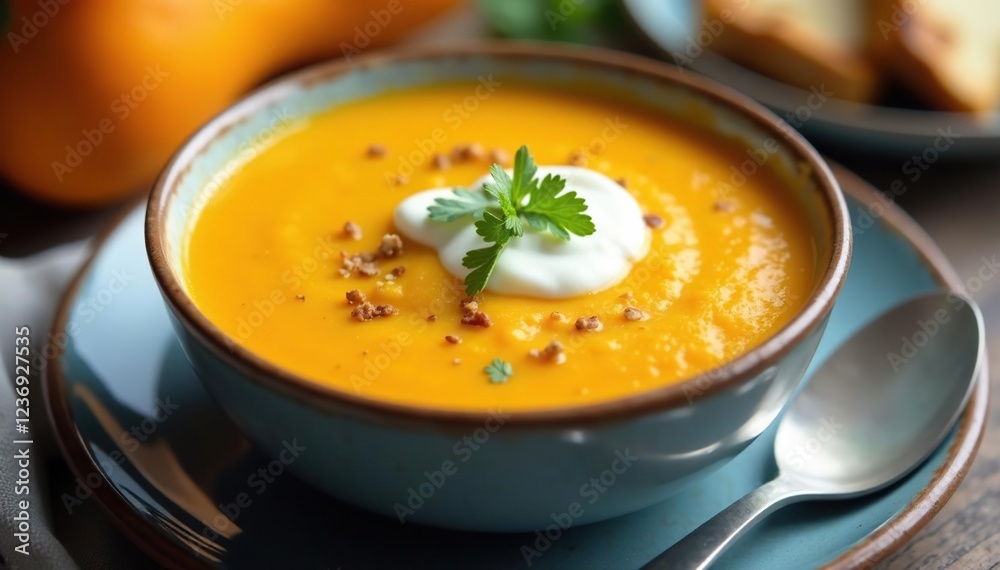 Butternut squash soup with heavy cream topping, topping, crispy, butternut squash Butternut squash soup with heavy cream topping, topping, crispy, butternut squash