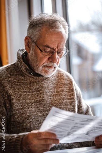 Elderly caucasian male reading document by window in casual sweater. photo