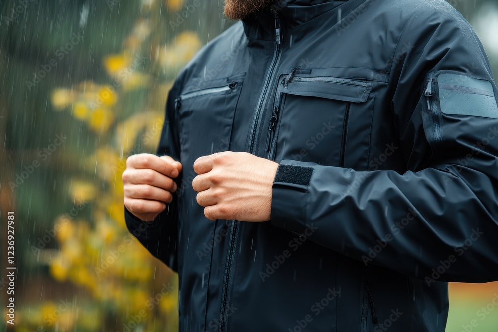 Fototapeta premium Rainy day with male adjusting black waterproof jacket in outdoor setting.