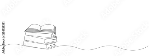 Stack of books with opened book on top in one continuous line. Symbol of library, education, literature, reading in one line style .Vector editable illustration