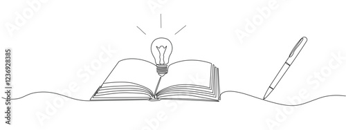 Opened book with glowing light bulb in one continuous line.  Symbol of education, reading and writing in one line style .Vector editable illustration