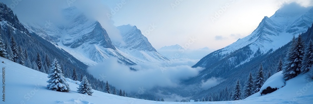 Snowy mountain range with frozen waterfalls and misty fog, frozen waterfall, wintery Snowy mountain range with frozen waterfalls and misty fog, frozen waterfall, wintery