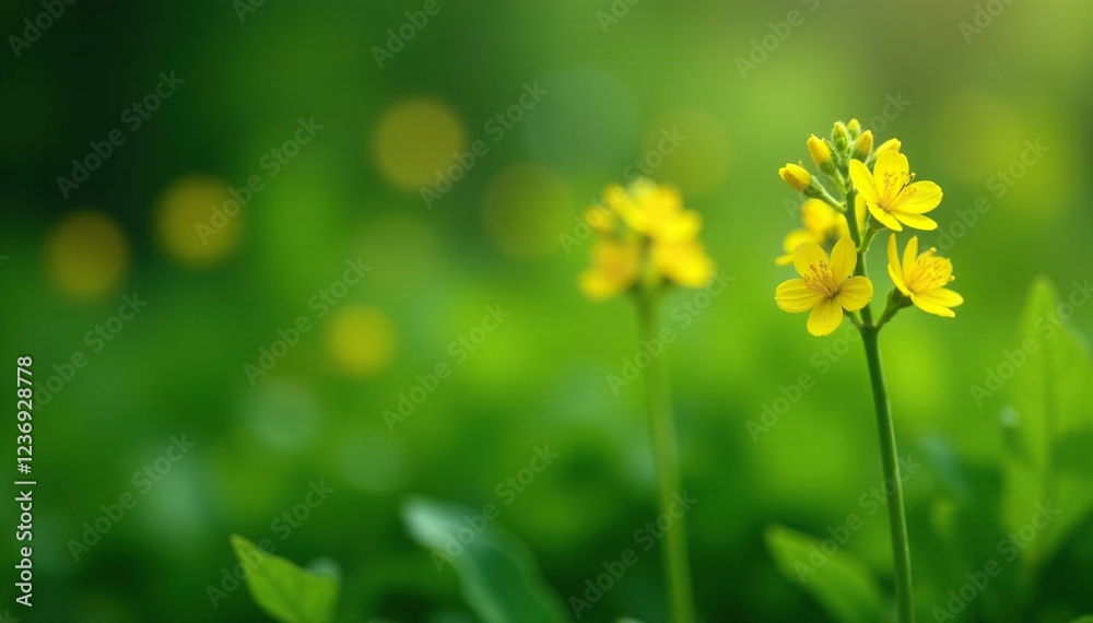 Delicate yellow flowers on slender stems amidst lush green foliage, stem, nature Delicate yellow flowers on slender stems amidst lush green foliage, stem, nature