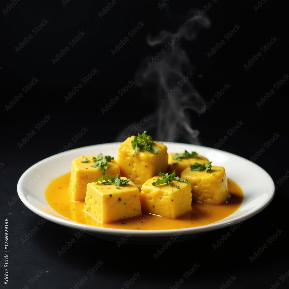 Steaming plate of Mattar Paneer against black background, creamy sauce, turmeric Steaming plate of Mattar Paneer against black background, creamy sauce, turmeric