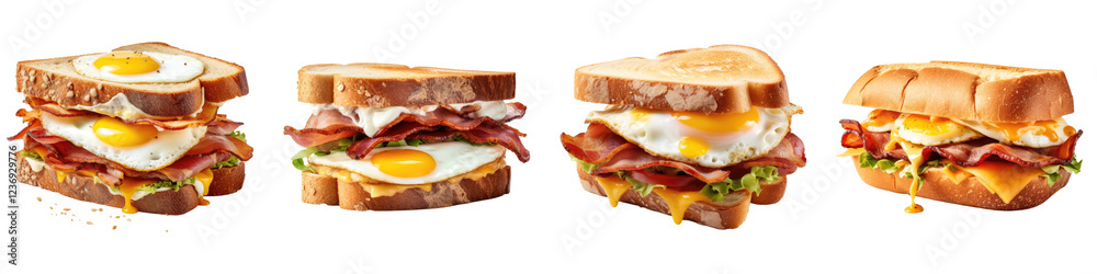 Sandwich with bacon cheese and egg isolated on transparent background, PNG, Set of Sandwich with bacon cheese and egg isolated on transparent background, PNG, Set of