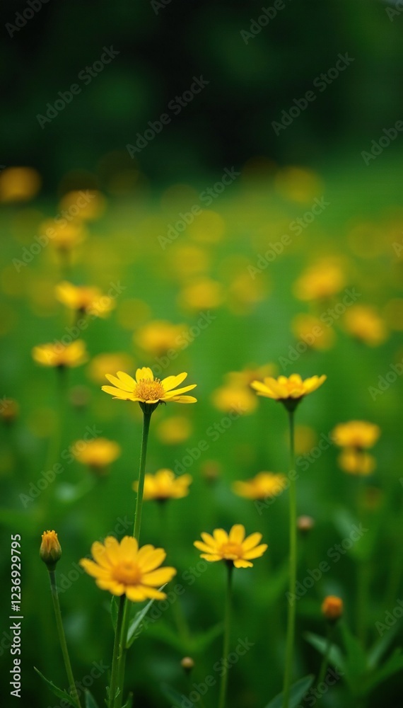 Obraz premium Yellow wildflowers in a dense dark green meadow, yellow, natural