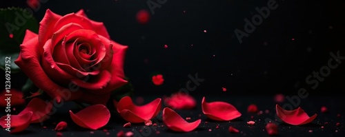 Velvety black background with delicate red rose petals gently falling, dark, petals photo
