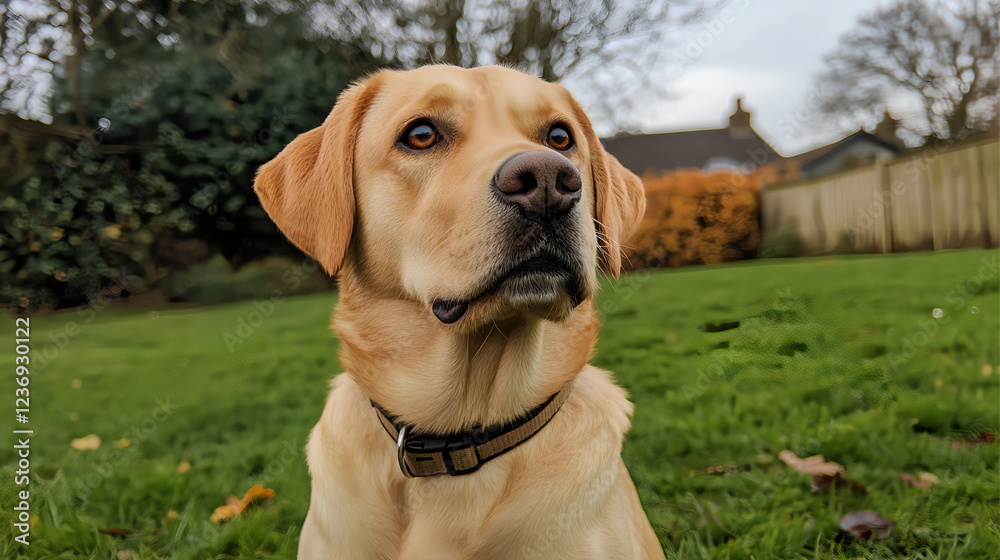 Photo of Labrador Retriever Dog From Front Sitting On Grass. AI Generated Images. Photo of Labrador Retriever Dog From Front Sitting On Grass. AI Generated Images.