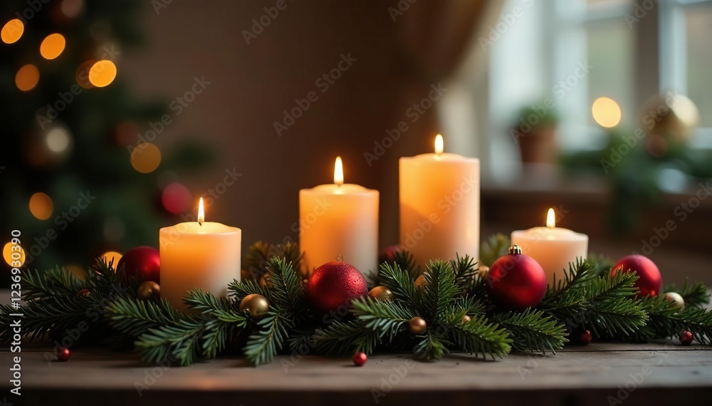 Candles and ornaments create a magical scene on the table, mistletoe, tabletop, holly Candles and ornaments create a magical scene on the table, mistletoe, tabletop, holly