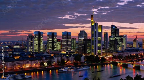 A breathtaking 4K ultra-HD aerial stock video capturing the stunning Frankfurt am Main skyline at sunset, with the city’s modern skyscrapers bathed in warm hues of orange, pink, and purple. 