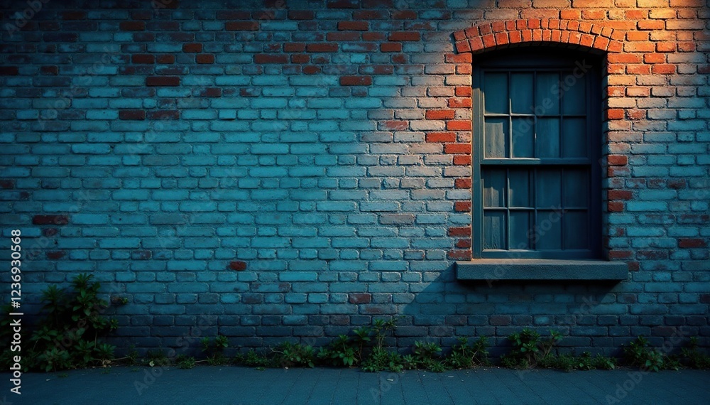 Fototapeta premium Dusky blue brick wall with a deep window shadow at dusk, #softfocus, #shadowfall, #vintageArchitecture