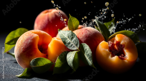 A set of fresh, delicious peaches and leaves splashing, cut out, illuminated by bright lens flares.
