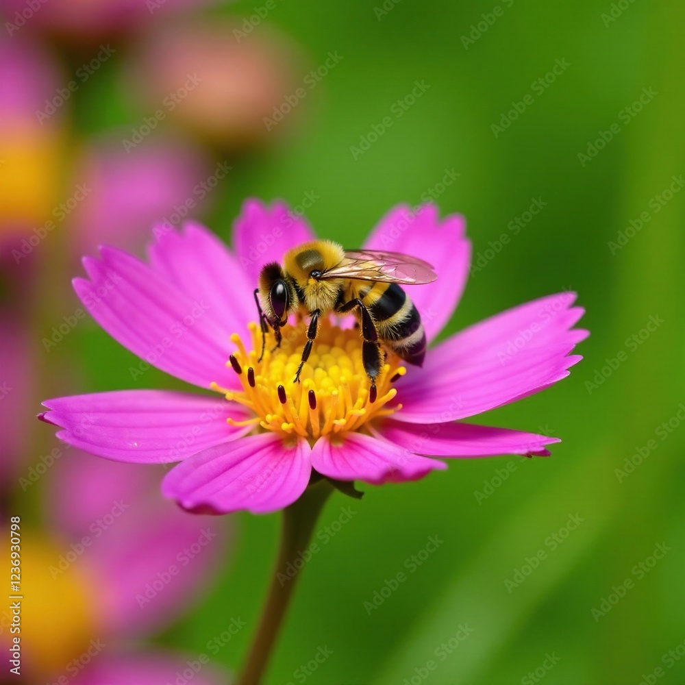Yellow and black striped bee collecting pollen from colorful flowers, blossom, greenery, pollens Yellow and black striped bee collecting pollen from colorful flowers, blossom, greenery, pollens