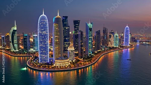 A breathtaking 4K ultra-HD aerial stock video capturing the stunning skyline of Qatar’s capital, Doha, showcasing its futuristic skyscrapers, luxurious waterfront, and vibrant urban energy. 