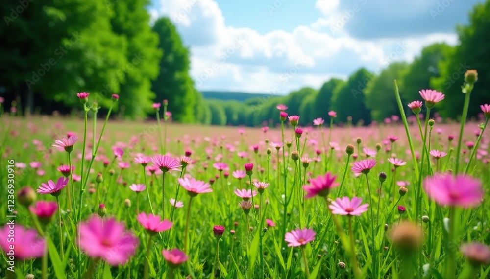 A field of pink wildflowers stretches towards the sky amidst a lush green meadow and towering trees, green, meadow, colors A field of pink wildflowers stretches towards the sky amidst a lush green meadow and towering trees, green, meadow, colors