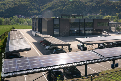 Parking space with solar panels on a roof. Solar canopy