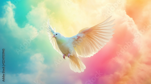 White dove soaring through vibrant, rainbow-colored skies, perfect for peace campaigns, spiritual content, inspirational posters, and freedom-themed designs