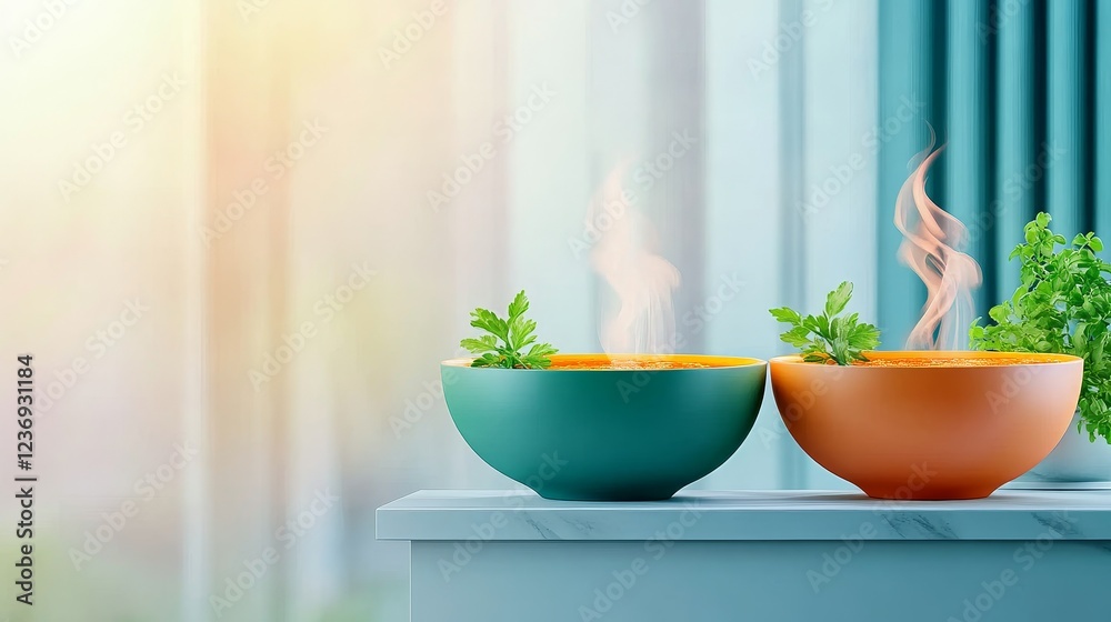 Fototapeta premium Warm Soup Bowls on Table - Two bowls of steaming soup sit on a table near a window, garnished with fresh herbs. A bright, inviting scene.