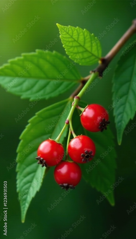 Obraz premium Small bright red berries on a green leafy stem, leaves, dammeri, berries