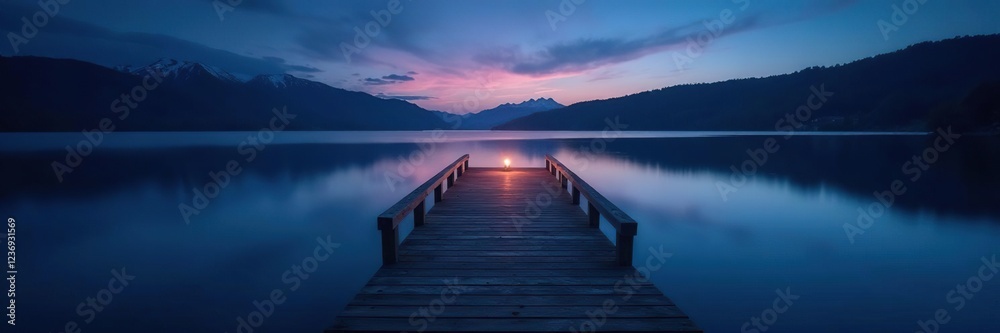 wooden pier stretching across calm lake surface at night, calm, darkness, night wooden pier stretching across calm lake surface at night, calm, darkness, night