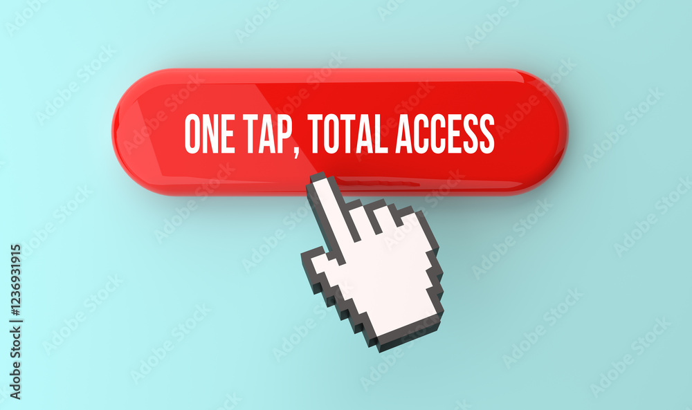 Red click on the One tap, total access banner on top of the web button. Pixel click hand and internet advertising concept. 3D rendering. Red click on the One tap, total access banner on top of the web button. Pixel click hand and internet advertising concept. 3D rendering.