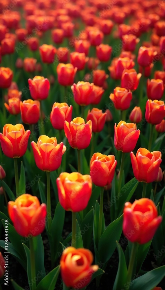 Overhead shot of a field filled with blooming tulips, , spring flowers Overhead shot of a field filled with blooming tulips, , spring flowers