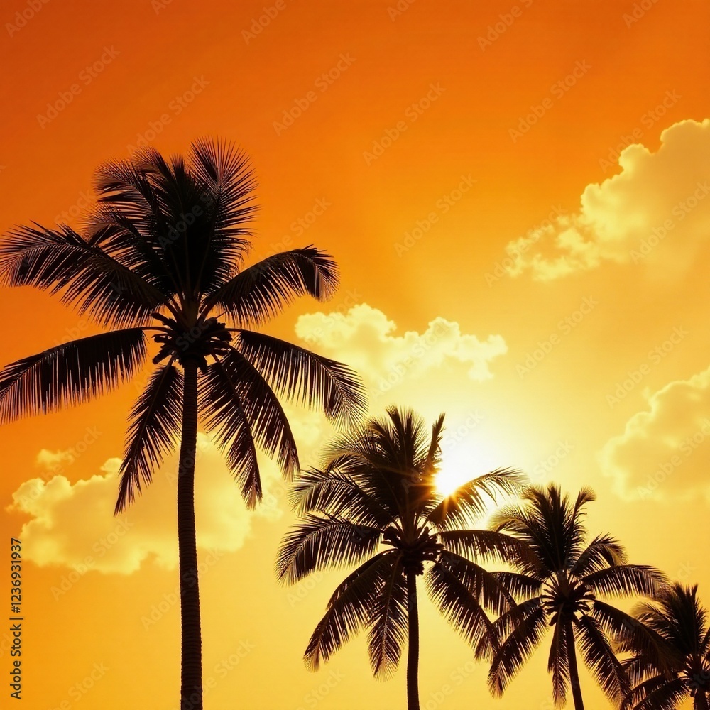 Obraz premium Palm trees against a bright orange sky with clouds, warm_light, soft_focus