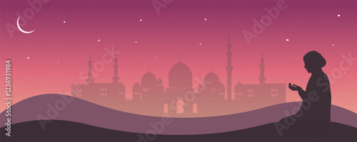 Eid Mubarak Islamic Banner with silhouette of White Mosque in Abu Dhabi, silhouette of prayer and sand desert. Card for Ramadan on dark background with moon and stars. Vector illustration