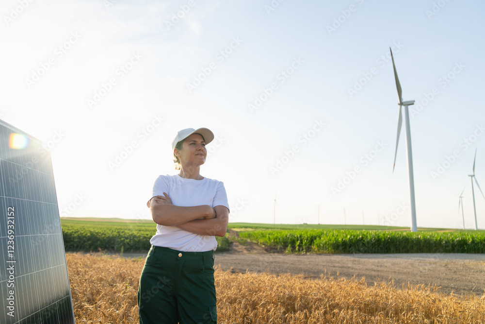 Woman wearing white cap and t-shirt with solar panel. Wind turbines in the background Woman wearing white cap and t-shirt with solar panel. Wind turbines in the background