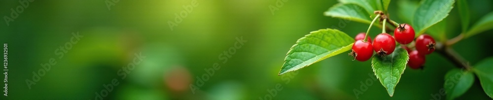 Small bright red berries on a green leafy stem, nature, small Small bright red berries on a green leafy stem, nature, small