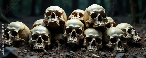 Skulls stacked on top of each other in a heap, with some skulls cracked open to reveal bones, graveyard, dark, bone