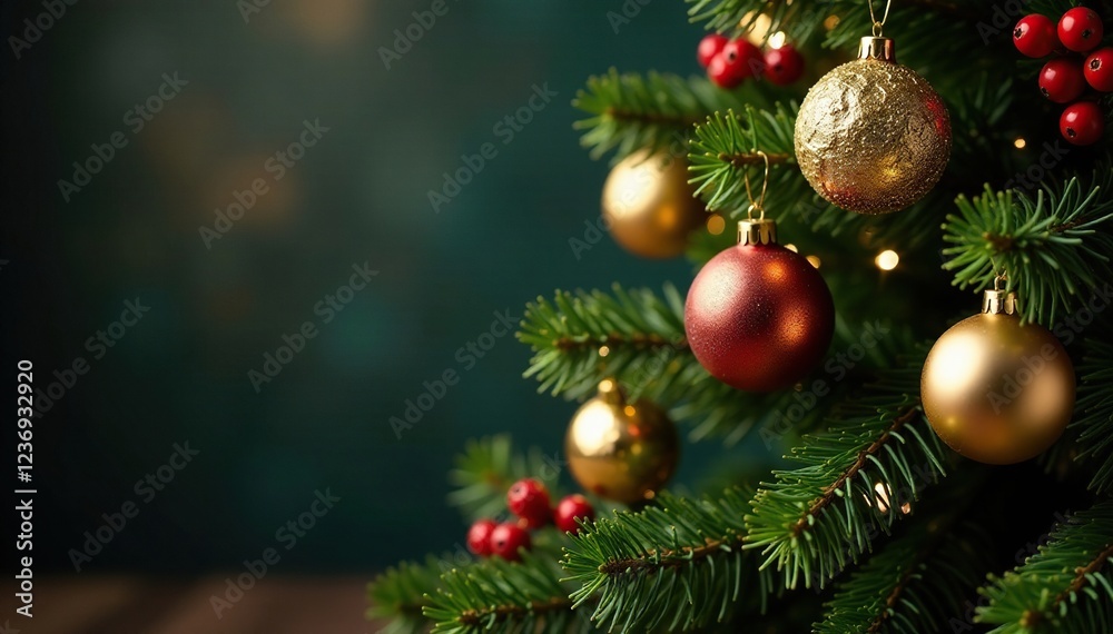Decorated Christmas tree with gold ornaments, red berries, and greenery, festive, christmas tree